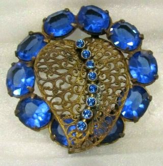 Antique Vintage Blue Glass Cabochon & Old Brass Pin Brooch Bleeding Heart Nr