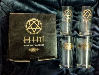 Set Of 4 H.  I.  M.  Him Band Heartagram Pint Glasses By Bravado - Rare
