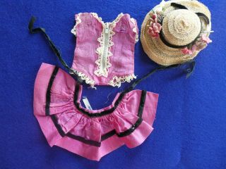 Vintage Ginny Doll Satiny Skirt,  Romper & Straw Hat With Flowers,  Tagged,  1950 