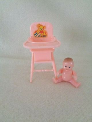 Renwal Pink Baby And High Chair Nursery Dollhouse Furniture Plastic