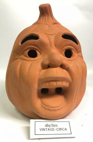 Rare Scared Face Jack O Lantern Terracotta Clay Pumpkin Head Ceramic Halloween