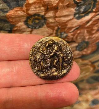 Antique Brass Picture Button Two Lovers With Bird Cage Large 1 1/8 "