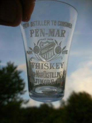 Rare Antique Pen - Mar Acid - Etched,  Baltimore,  Md Estate Whiskey Shot Glass