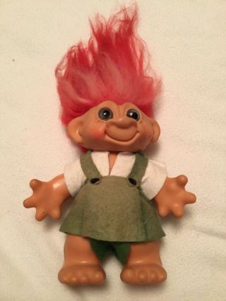 Vintage 1960s Thomas Dam 7” Girl Troll Doll Bank Green Dress Red Hair