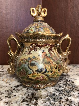 Royal Satsuma Japanese Moriage & Gold Gilting Handles Vase Urn