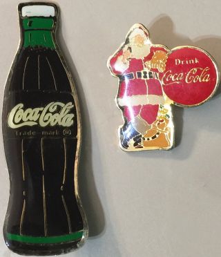 Coke Coca - Cola 1990s 2 Pin Set Including Bottle & Santa Rare Vintage Collectible