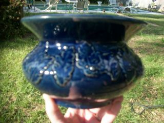 Vtg Rare Deep Cobalt Blue Art Pottery Spittoon Vase Leaf Acorn Roseville Weller