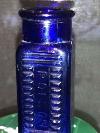 Small Cobalt Blue Poison Bottle Ribbed Square Antique 3.  0” Tall