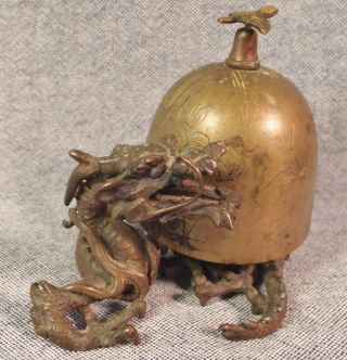 Fine Vintage Chinese Brass Table Bell On A Dragon 