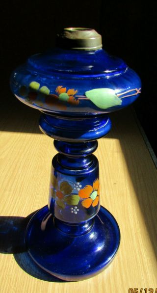 Antique Hand Blown/painted Cobalt Glass Oil Lamp