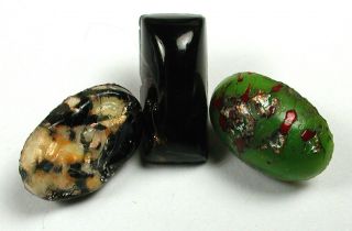 3 Antique Leo Popper Glass Buttons Green Silver & Black Designs - 7/16 "