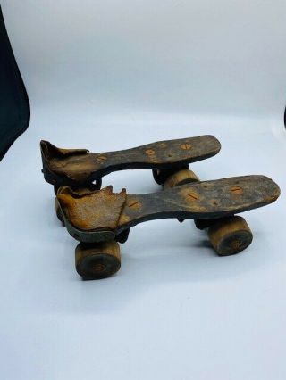 Antique Wooden Roller Skates Wood Wheels Marked Vineyard 9 B