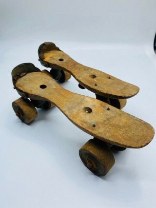 Antique Wooden Roller Skates Wood Wheels Marked Number 9