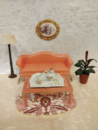 Rare Coral Pink Sofa/ Coffee Table W/ Lamp Mini Dollhouse Furniture Renwal 1:16