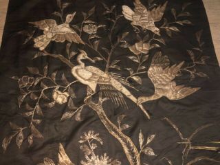Antique Chinese Hand Embroidered Silver Metal Threads Paradise Birds Silk Panel