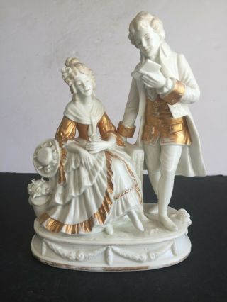 Antique Dresden Porcelain Young Couple Figurine Gold Gilt Crown N Mark