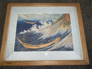Vintage Color Wood Block Print Japanese Boats Waves On The Sea Framed