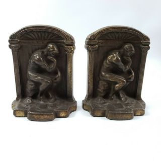 Rodin The Thinker Bookends Pair Cast Iron Curved Archway Columns Antique Patina
