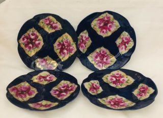 Set Of 4 Antique Japanese Dessert Plates Gold Moriage Cobalt Blue Pink Roses