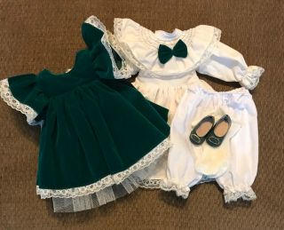 Vtg Doll Dress Clothes Fits 15” Pinafore Green Shoes Net Skirting Bow