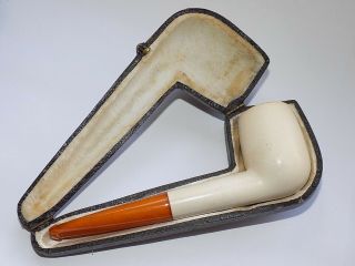 Antique Carved Meerschaum & Amber Smoking Pipe With Case