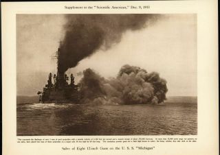 Salvo Eight 12 Inch Guns U.  S.  S.  Michigan Warship 1911 Antique Scientific Print