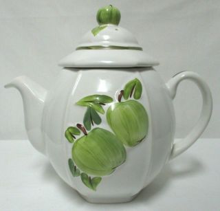 Carlton Ware England Green Apples 3 - D Teapot With Strainer Ceramic Rare