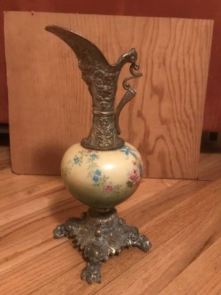 14 " Antique Victorian Ewer Vase Urn Floral Painted Porcelain & Ornate Cast Metal