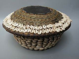 Good Large Heavy West African Nigerian Tribal Art Cowrie Shell Basket Old Coins