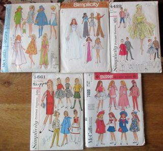 5 Vintage Barbie Skipper Ken Doll Clothes Patterns 60 