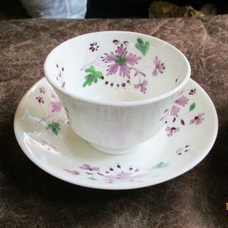 Pr Antique Sprig Cup & Saucer Soft Paste Handleless Purple Green Flowers Leaves 2