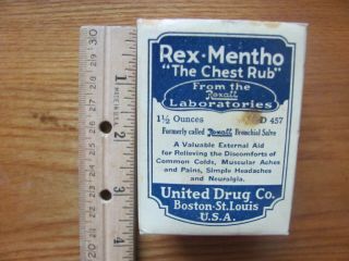 Vtg.  /antique Rex - Mentho Chest Rub,  Jar And Box,  Rexall Labs