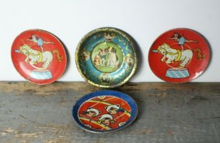 4 Antique C.  1900 Victorian Child’s Toy Tin Lithograph Plates Saucers Circus Cat