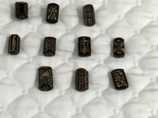 Victorian Antique Lozenge Rectangle Incised Gold Luster Black Glass Buttons