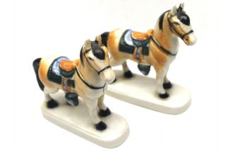 2 Antique Ceramic Ponies Horses Hand Painted Glazed Matched Pair Made Japan