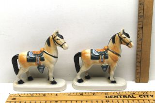 2 Antique Ceramic Ponies Horses Hand Painted Glazed Matched Pair Made Japan 2