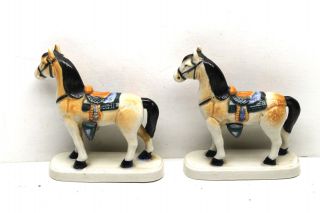 2 Antique Ceramic Ponies Horses Hand Painted Glazed Matched Pair Made Japan 3