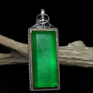 China Old Tibetan Silver Inlaid Green Jade Pendant