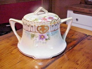 Antique Hand Painted Biscuit Jar With Lid= Very Pretty