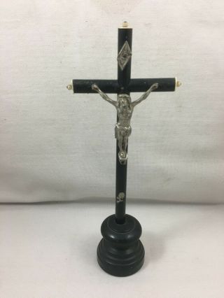 Antique French Crucifix Cross Jesus Altar Metal Bone Napoleon Iii Devotion Black