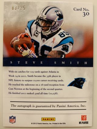 2012 Prominence RARE Steve Smith Sr Eminence Auto /25 Carolina Panthers Ravens 3