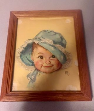 Vintage Baby In Blue Bonnet Picture 8 " X 10 " Embossed Maud Tousey Fangel