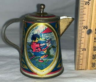 Antique Tin Litho Toy Tea Set Pot Teapot Boy Riding Horse Victorian Girl Swing