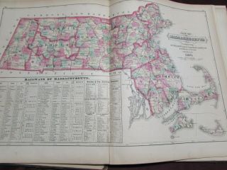 1871 Hand - Tinted Map Of Railways Of Massachusetts,  Vg,  Double - Page