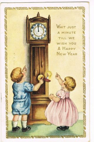 Antique Year Postcard (whitney Made) Children Waiting For Midnight