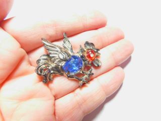 Rare Clear Red Blue Rhinestone Gold Tone Metal Fighting Rooster Brooch Vintage