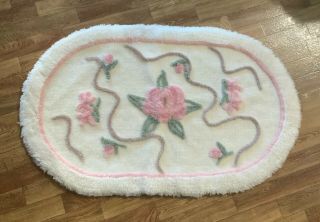 Vintage Rug Bathroom Bed Soft Thick Rubber Back Oval Pink Ivory Rose 21 X 34