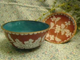 Vintage Antique Chinese Cloisonné Bowl And Dish Enamel Bronze Brass China