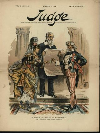 James Blaine Uncle Sam South America Trade 1891 Antique Color Lithograph Print