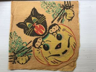 Rare 1940’s Vintage Antique Halloween Party Napkin Pumpkins Black Cat Jol